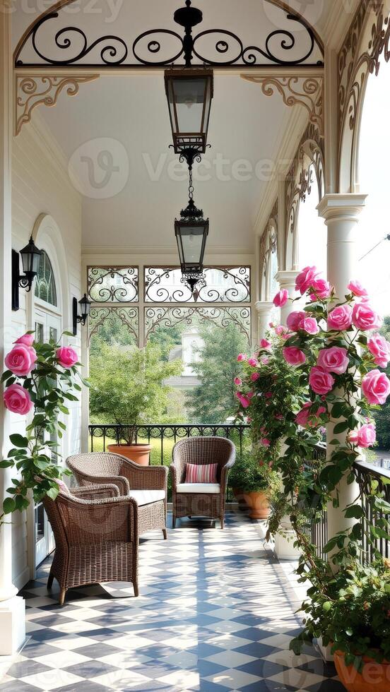 Elegant Patio with Wicker Chairs and Pink Roses photo
