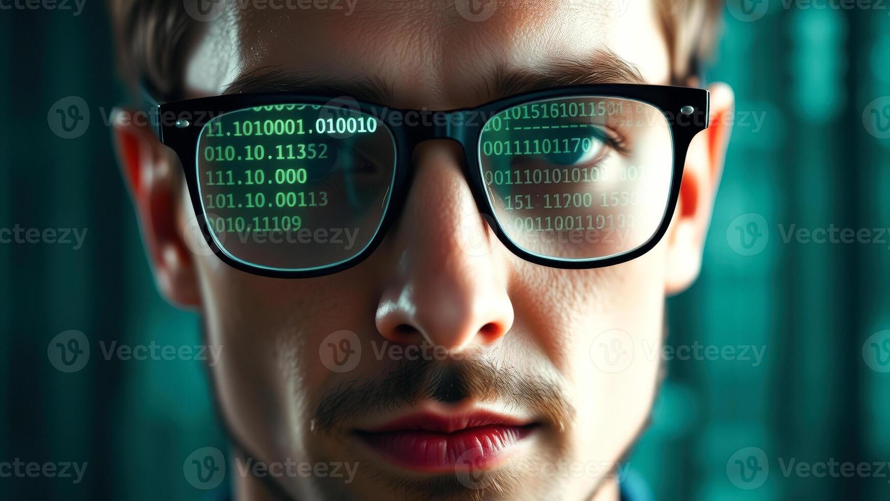 Hacker with glasses reflecting binary code photo