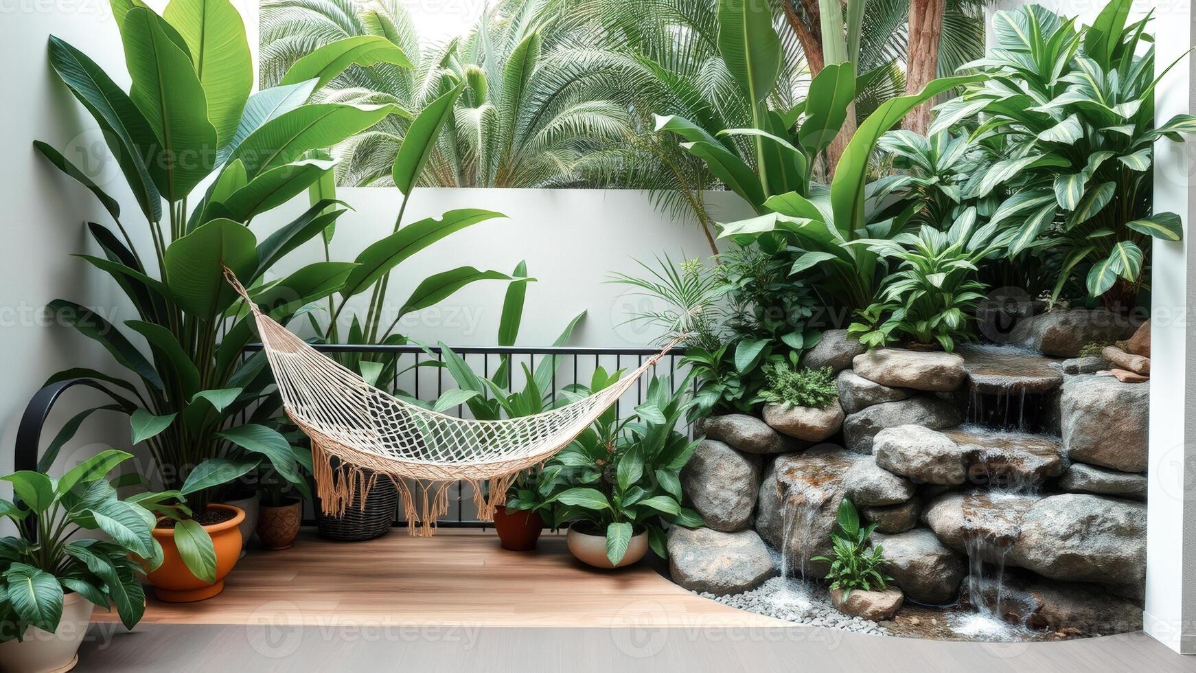 Tranquil Patio Oasis with Hammock and Water Feature photo