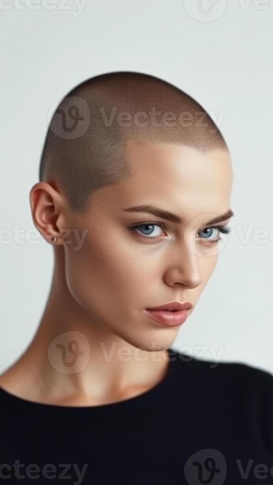Close-up portrait of a young woman with a shaved head photo