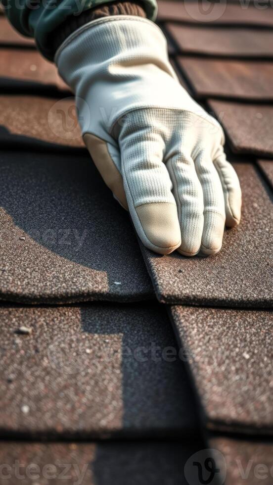 Close Up Of Gloved Hand Installing Asphalt Shingles On A Roof photo
