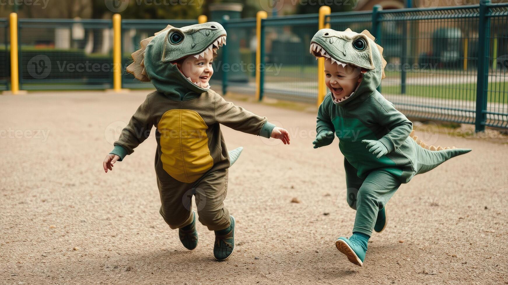 Two Children Dressed as Dinosaurs Running and Laughing Together photo