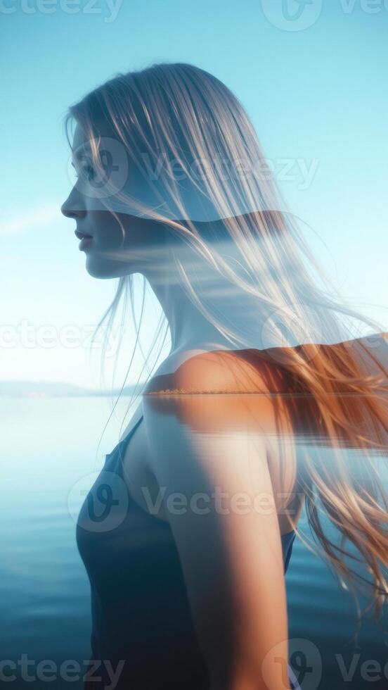 Woman with long blond hair, double exposure with a landscape photo