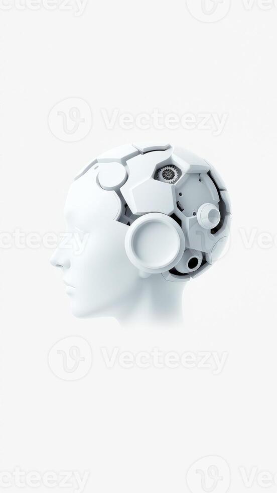 White 3D Model of a Human Head with Mechanical Gears Inside photo