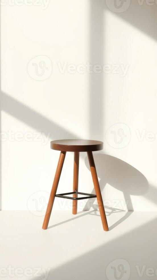Wooden Stool with Black Metal Base on White Background photo