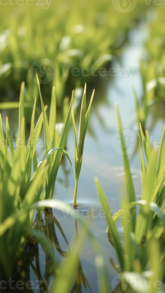 Green Grass Blades Emerging from Water photo