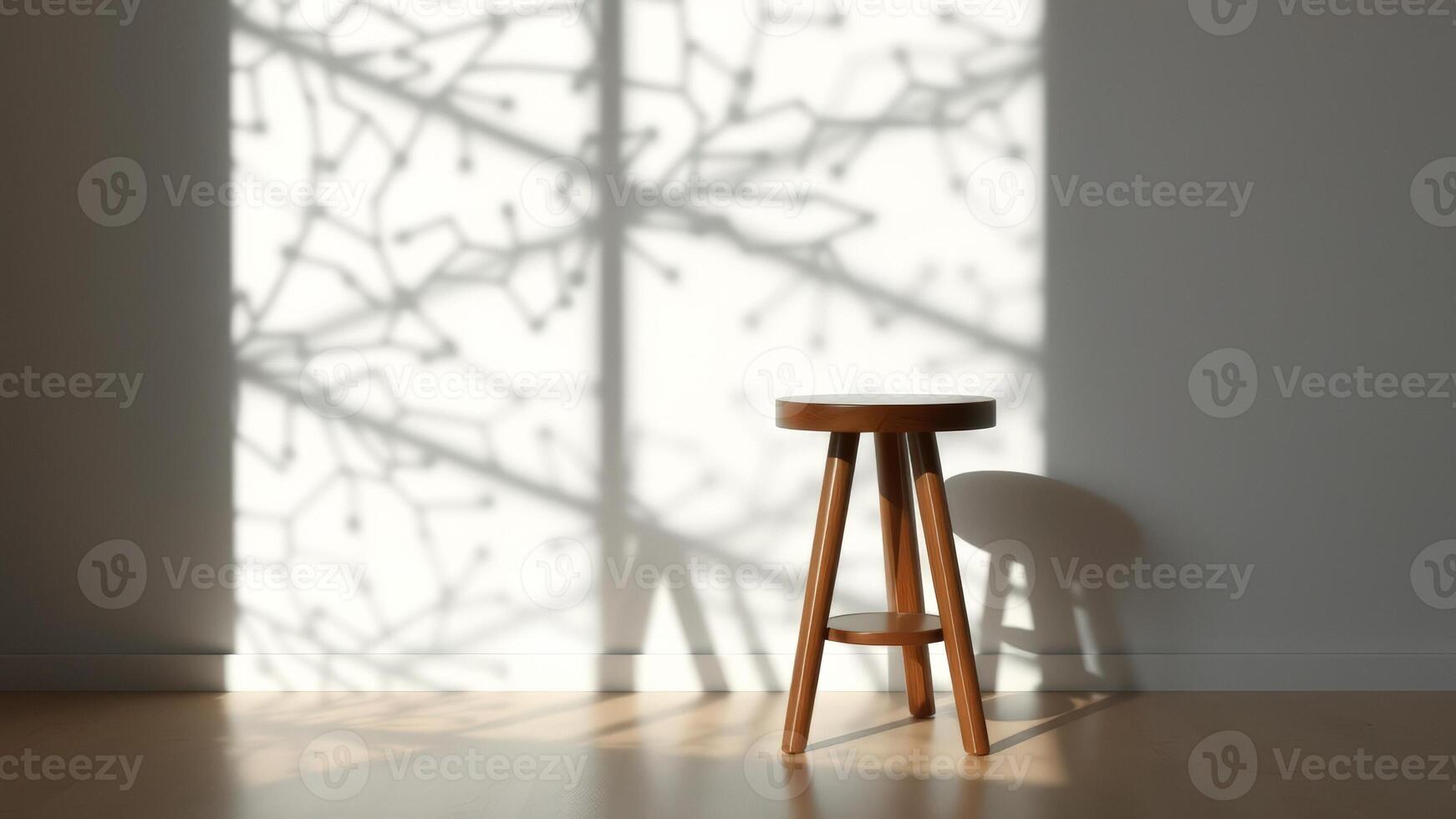 Wooden Stool with Light Shadow on White Wall photo