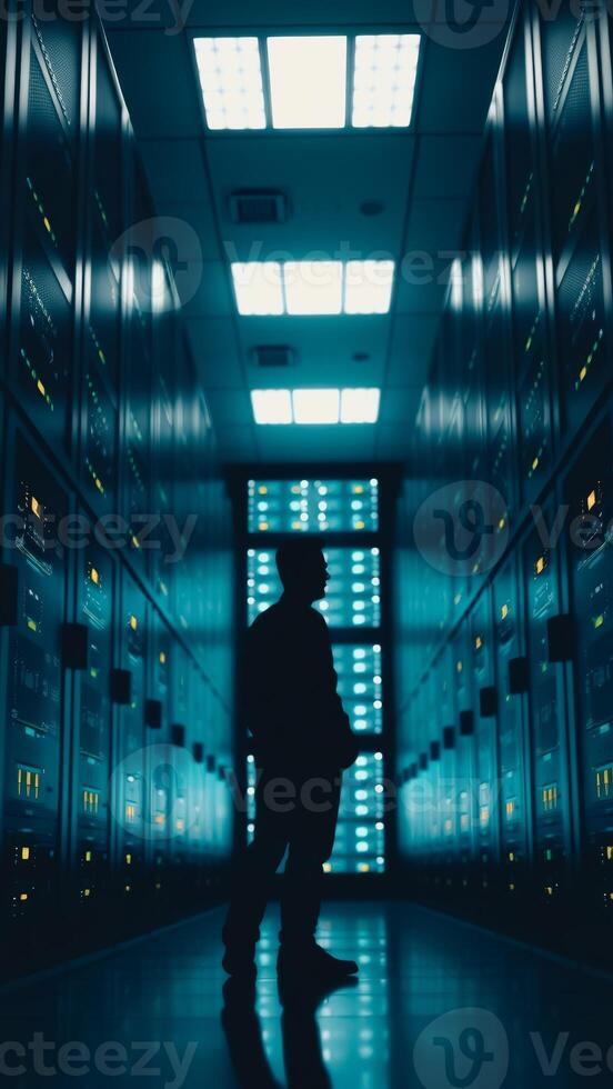 Silhouette of a Man Walking Through a Server Room photo