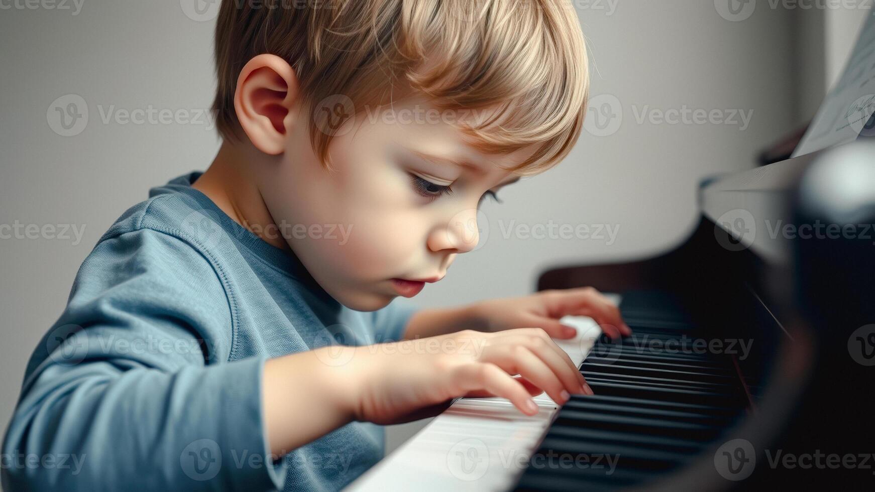 Little Boy Concentrating on Playing the Piano photo