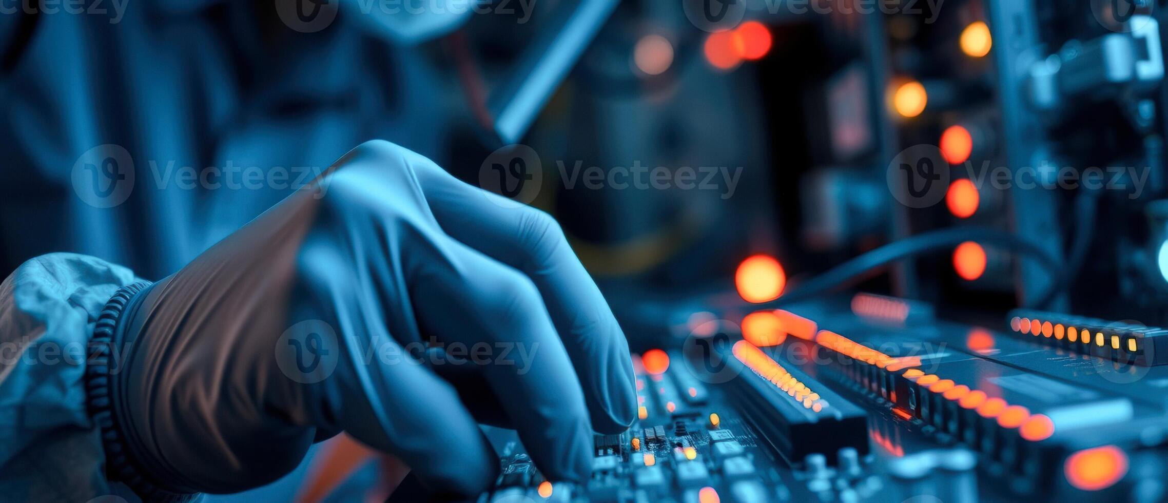 Close up of gloved hand working on a circuit board photo