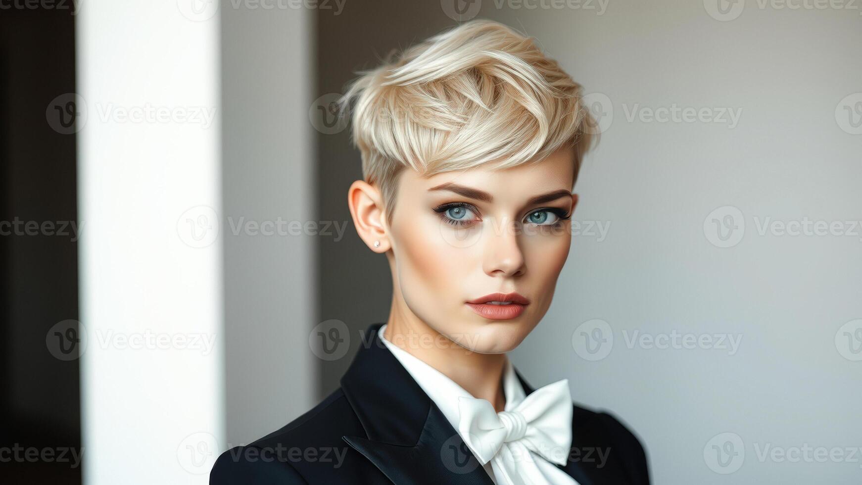 Close-up portrait of a beautiful woman with short blond hair photo