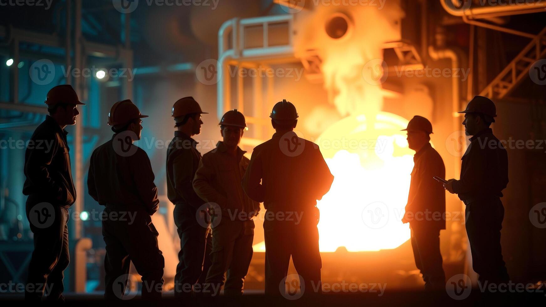Silhouettes of Workers in a Steel Mill photo