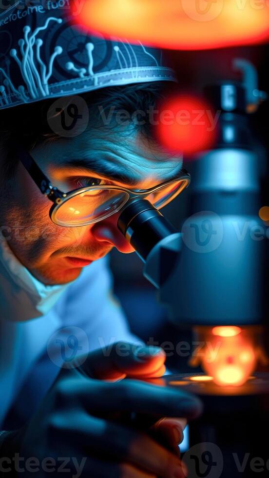 Scientist Examining a Sample Under a Microscope photo