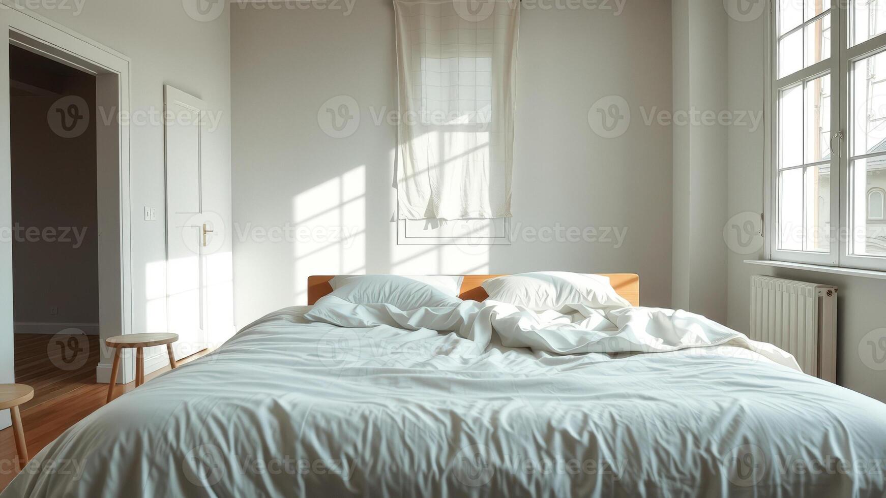 White bed with crumpled sheets in a minimalist bedroom photo