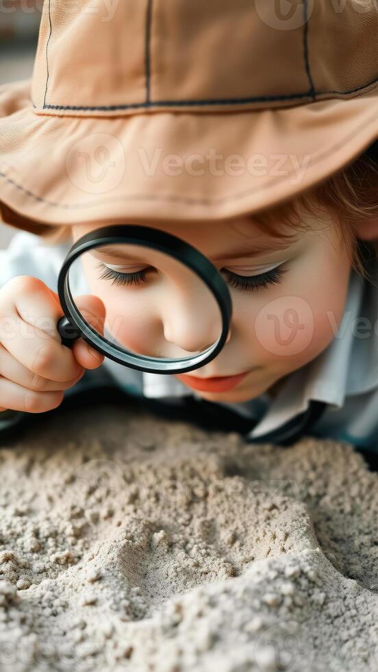 Curious child exploring the world with a magnifying glass photo