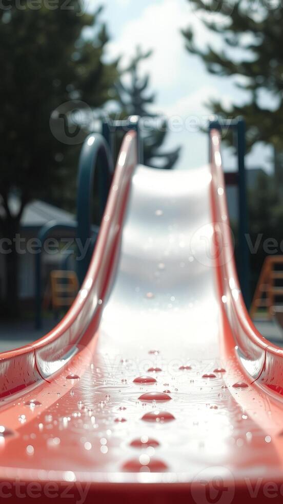 Water droplets on a red slide photo
