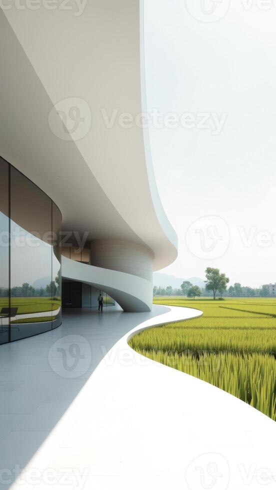 Modern Architecture Overlooking a Rice Paddy Field photo