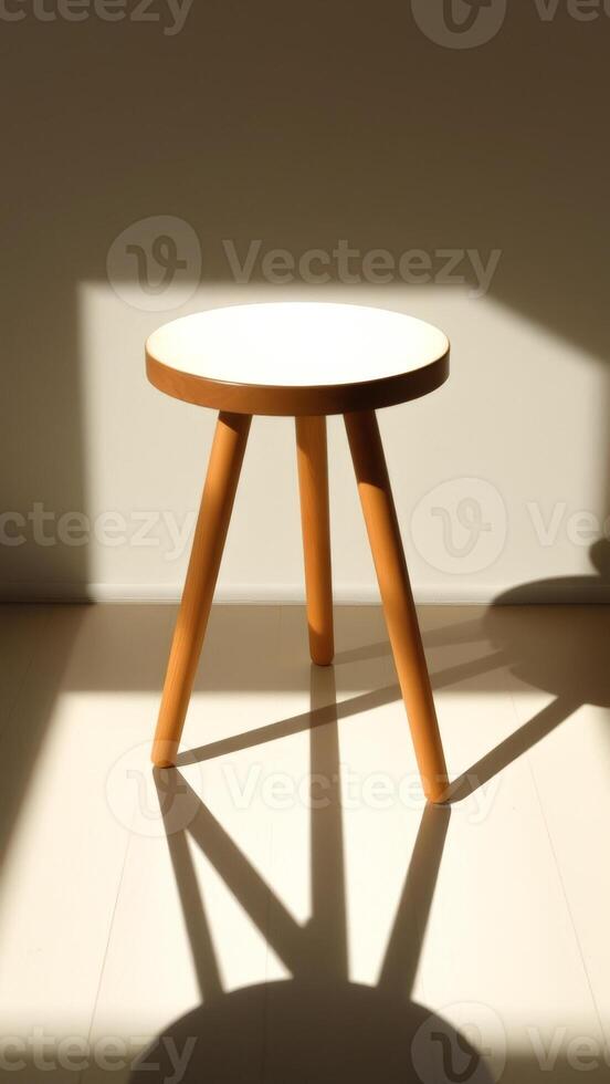 Wooden stool with white top casting a shadow on a light colored floor photo