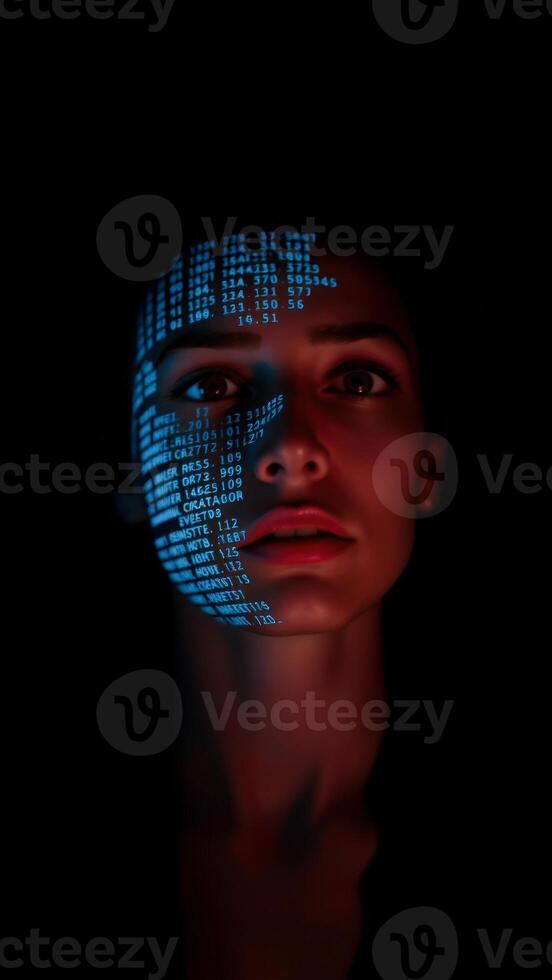 Woman with blue digital code projected on her face photo