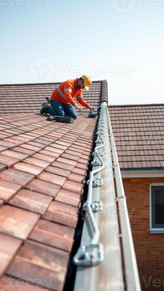 Construction worker installing gutter guard on roof photo