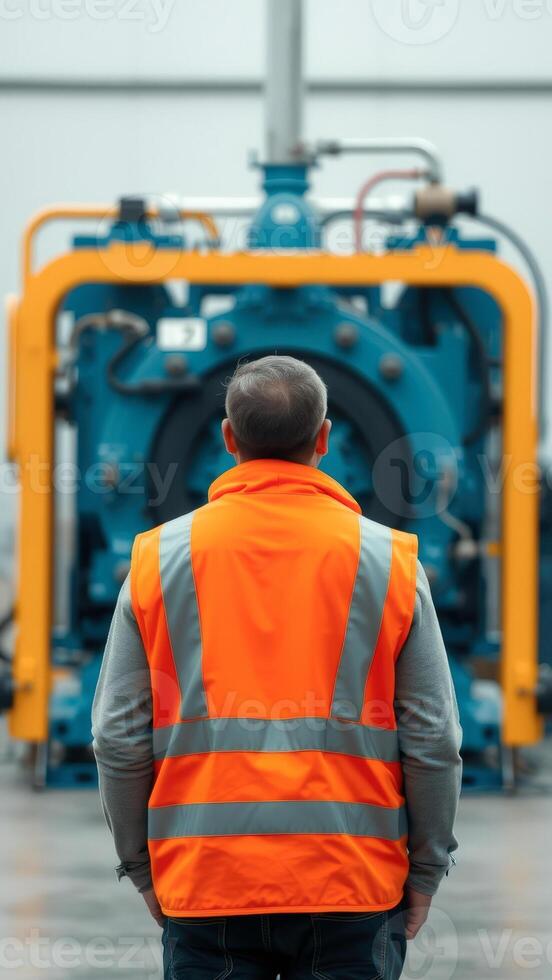 Worker in a Safety Vest Looking at Industrial Machine photo