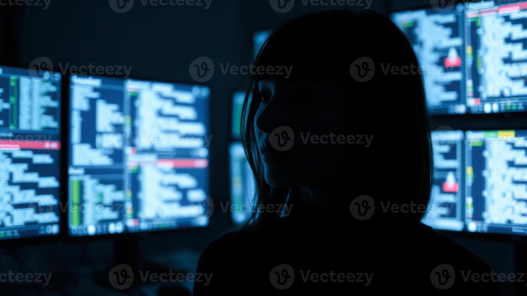 Silhouette of a woman in front of computer screens photo