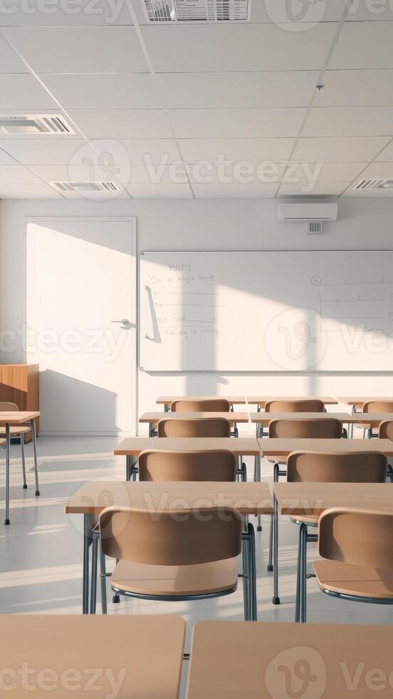 Empty classroom with desks and chairs photo