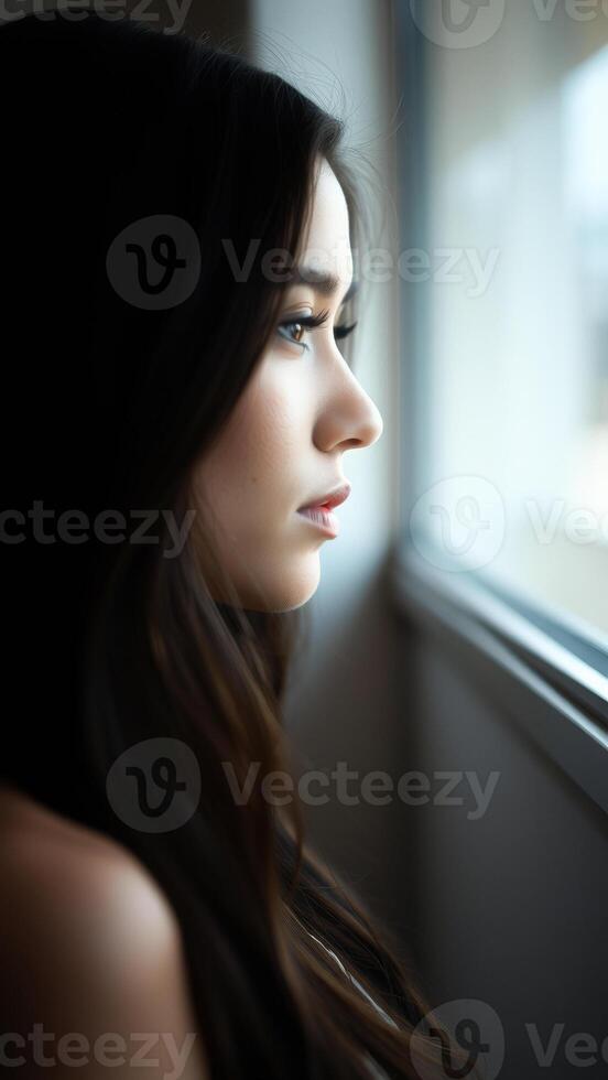 Woman looking out window photo