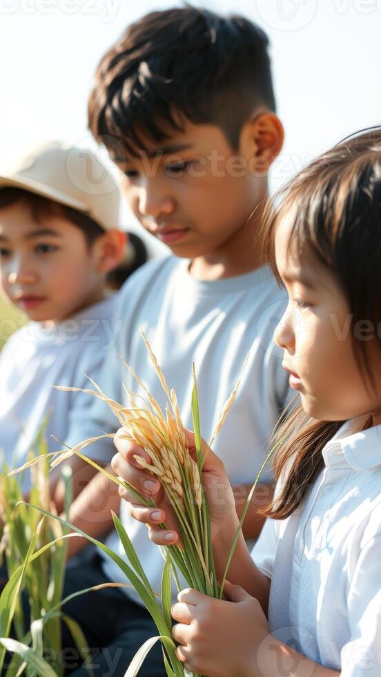 Children exploring nature in a field photo