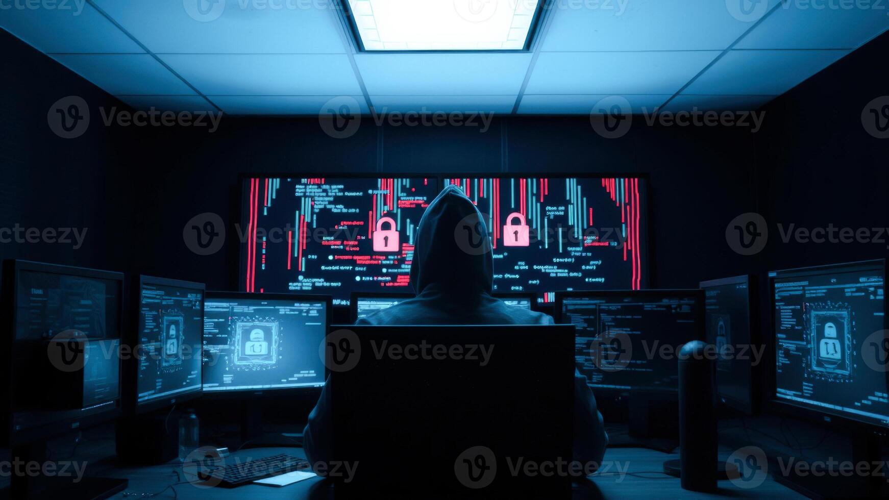 Hacker in a Dark Room Working on Multiple Screens photo