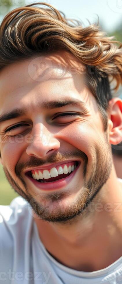 Closeup of a man laughing with a bright smile photo