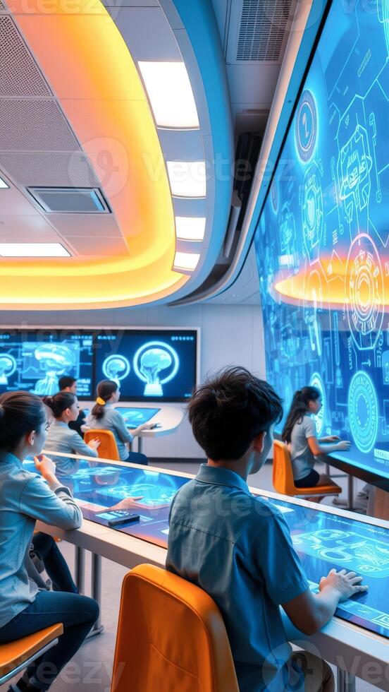 Students Learn in a Futuristic Classroom with Interactive Screens photo