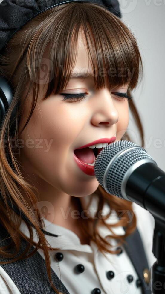 Close-up of a young woman singing into a microphone photo