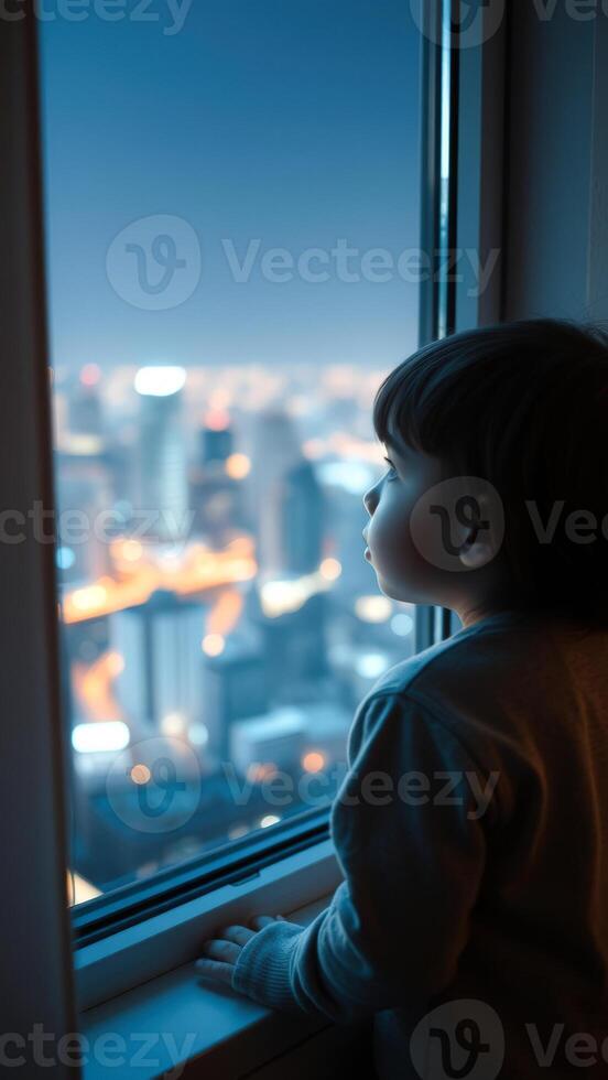 Child Looking Out Window at City Lights photo
