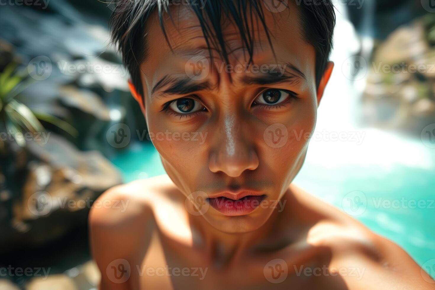 Close-up portrait of a young man with a serious expression photo