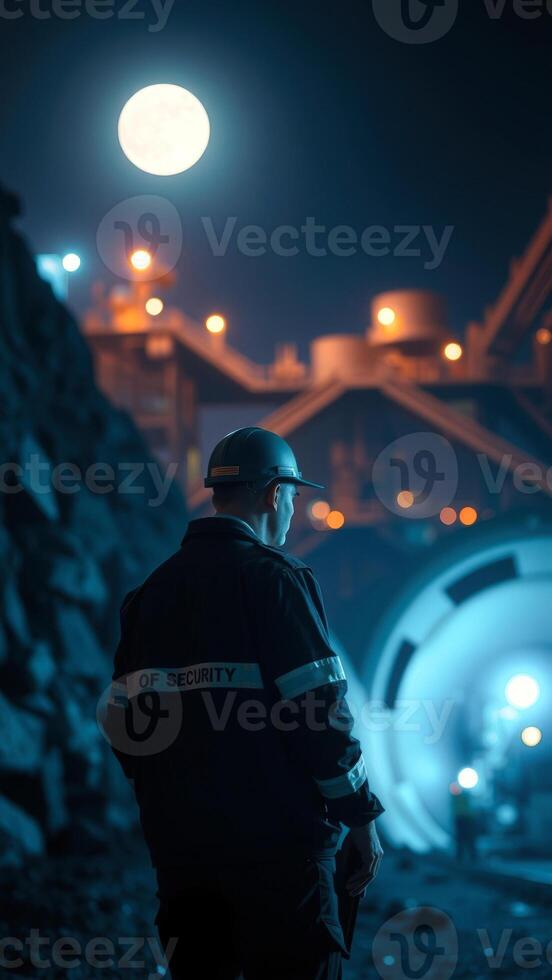 Security Guard Standing in Front of Tunnel at Night photo