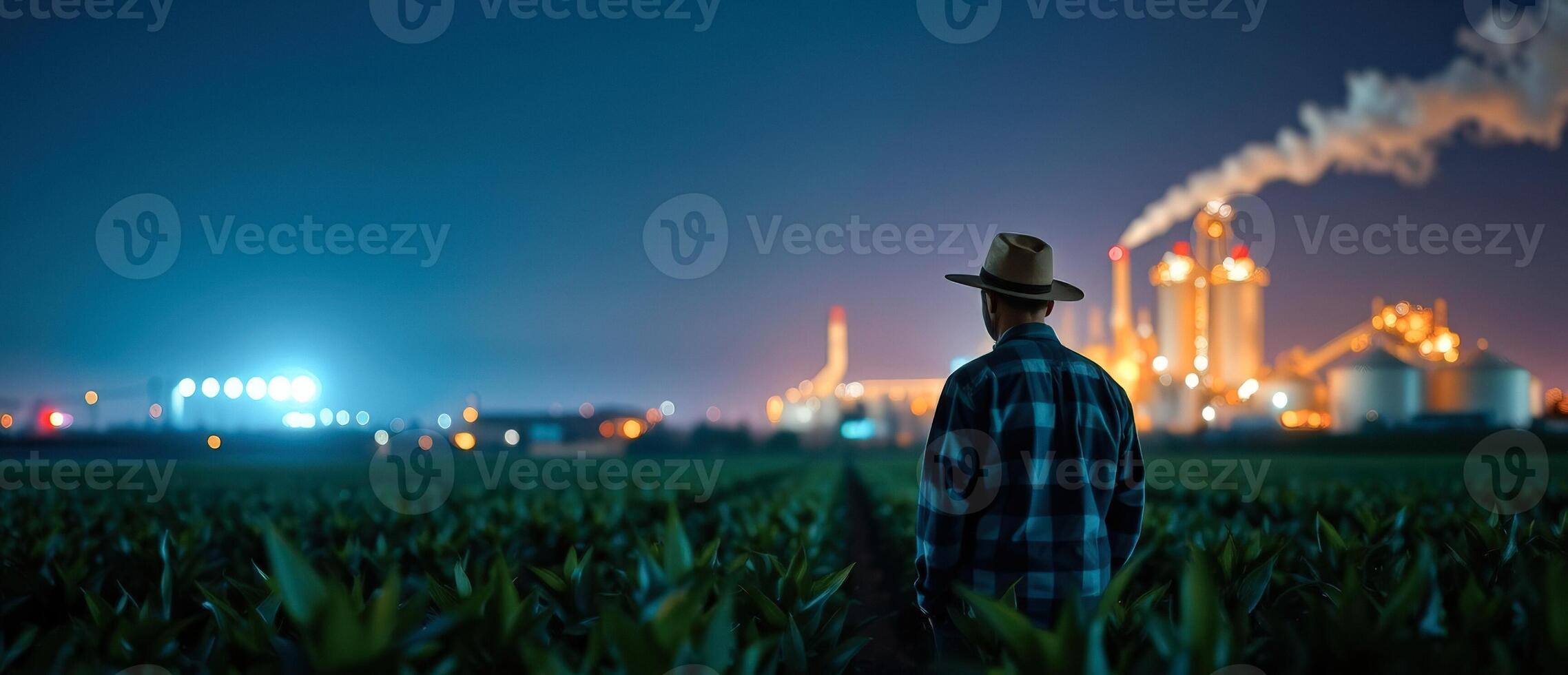 Farmer Standing in Field at Night photo