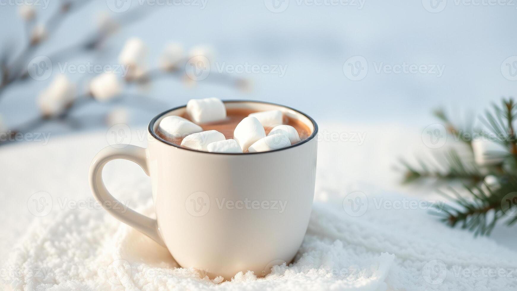 Warm Hot Chocolate with Marshmallows in Winter Setting photo