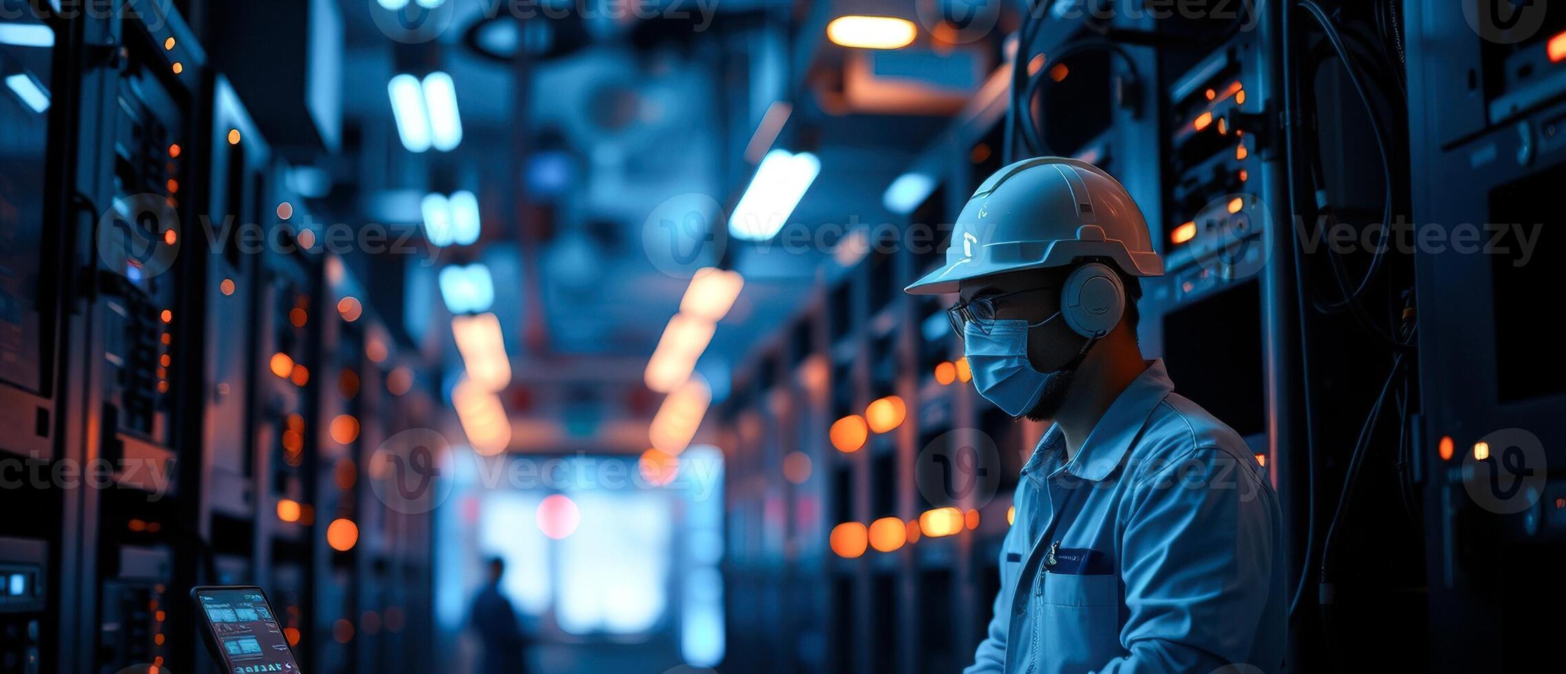Technician working on a server rack in a data center photo