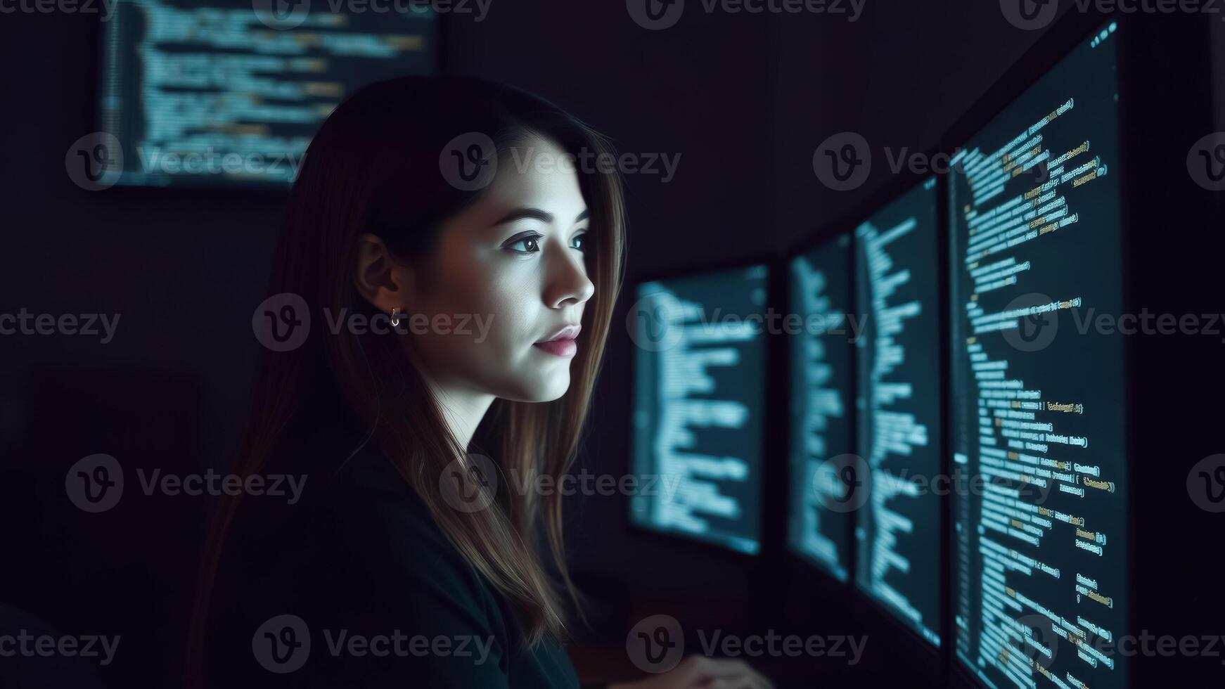 Woman staring intently at computer code photo