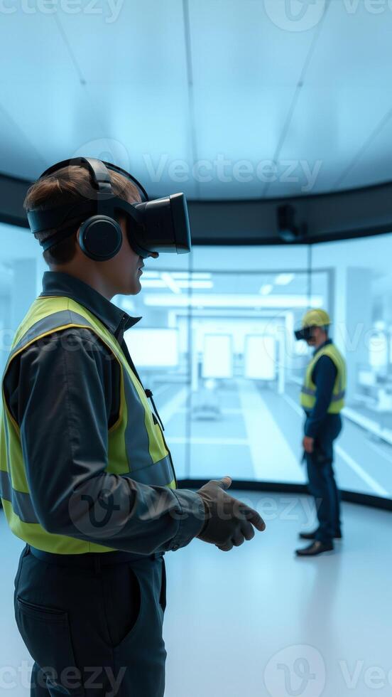 Man wearing VR headset and safety vest in an immersive environment photo