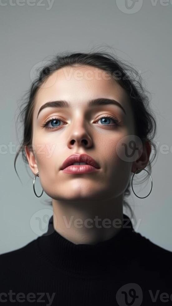 Close-up Portrait of a Young Woman with Blue Eyes and Hoop Earrings photo