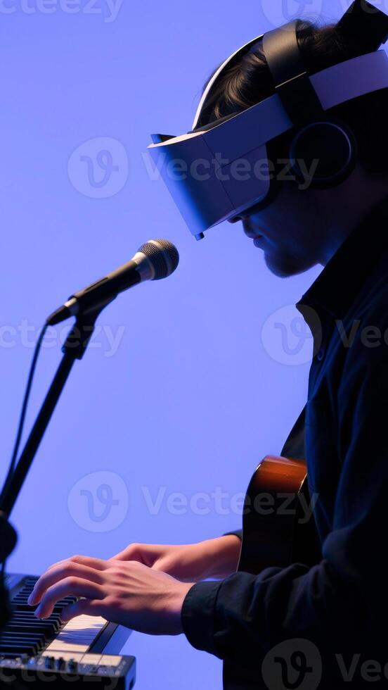 Man in Virtual Reality Headset Playing Keyboard and Guitar photo