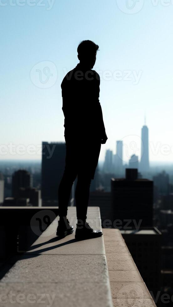 Silhouette of a man standing on a rooftop overlooking the city photo