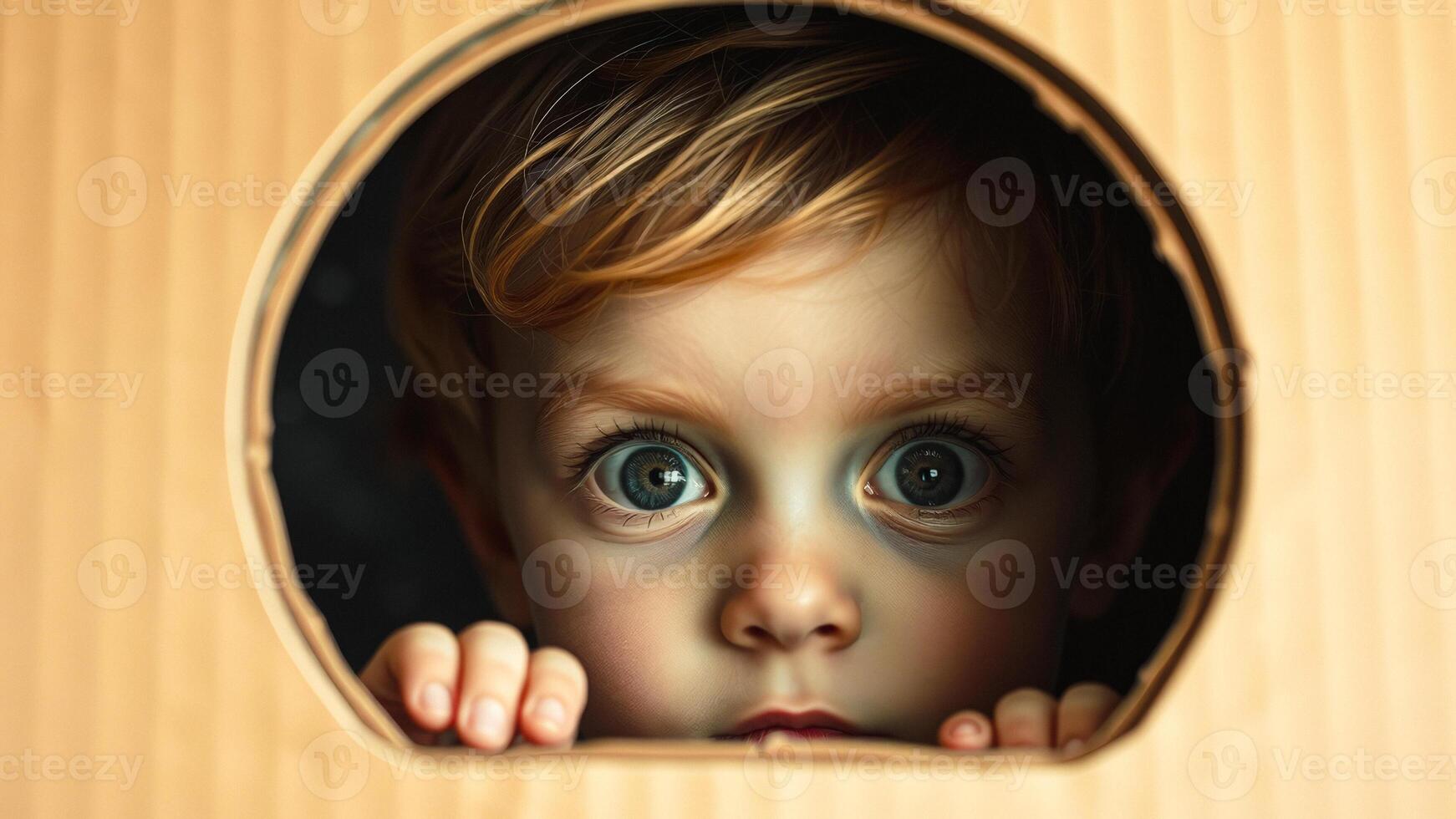 Curious Child Peeking Through Hole in Cardboard photo