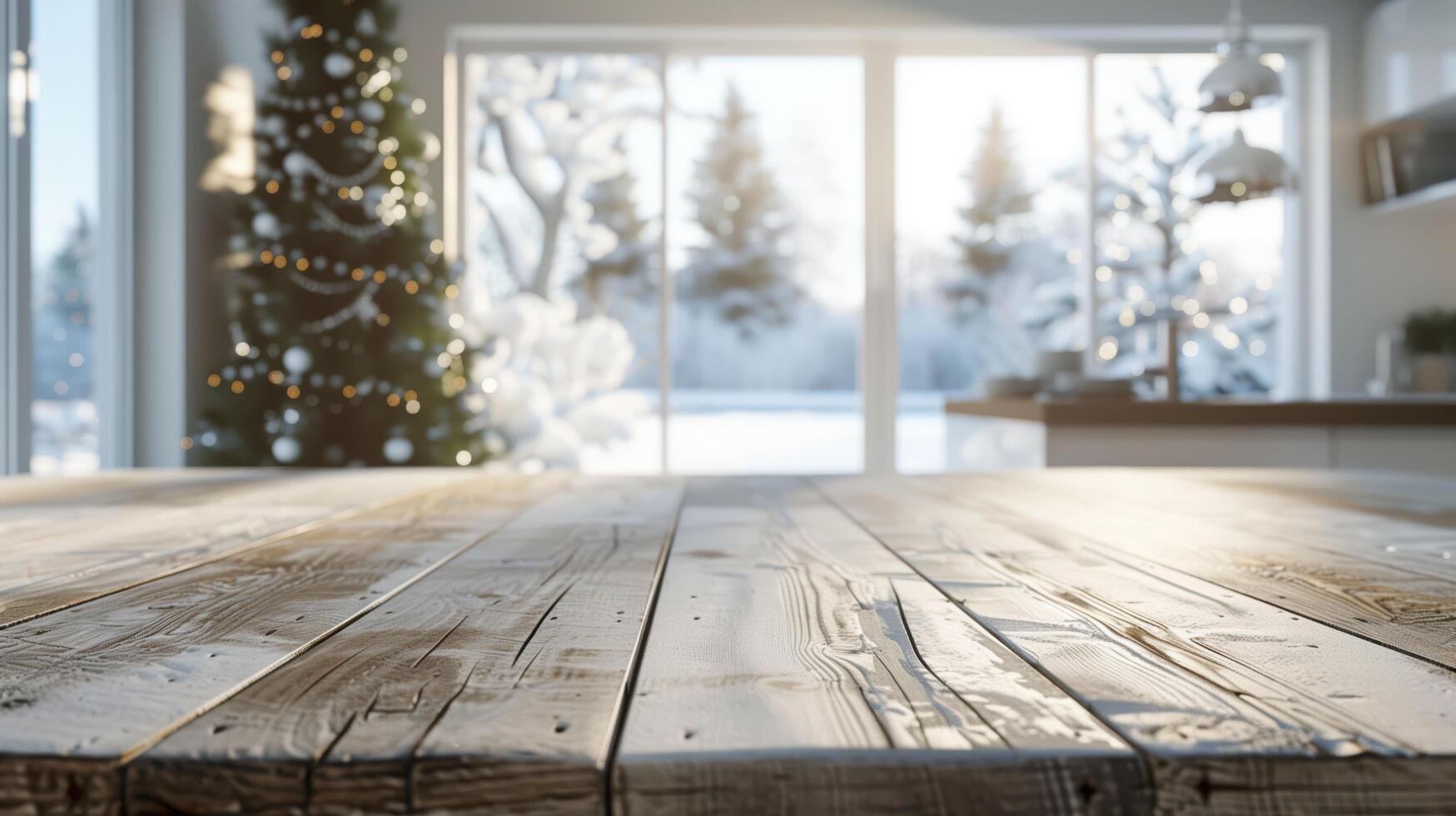 Blurred christmas tree and snowy landscape in the background of an empty wooden table top photo