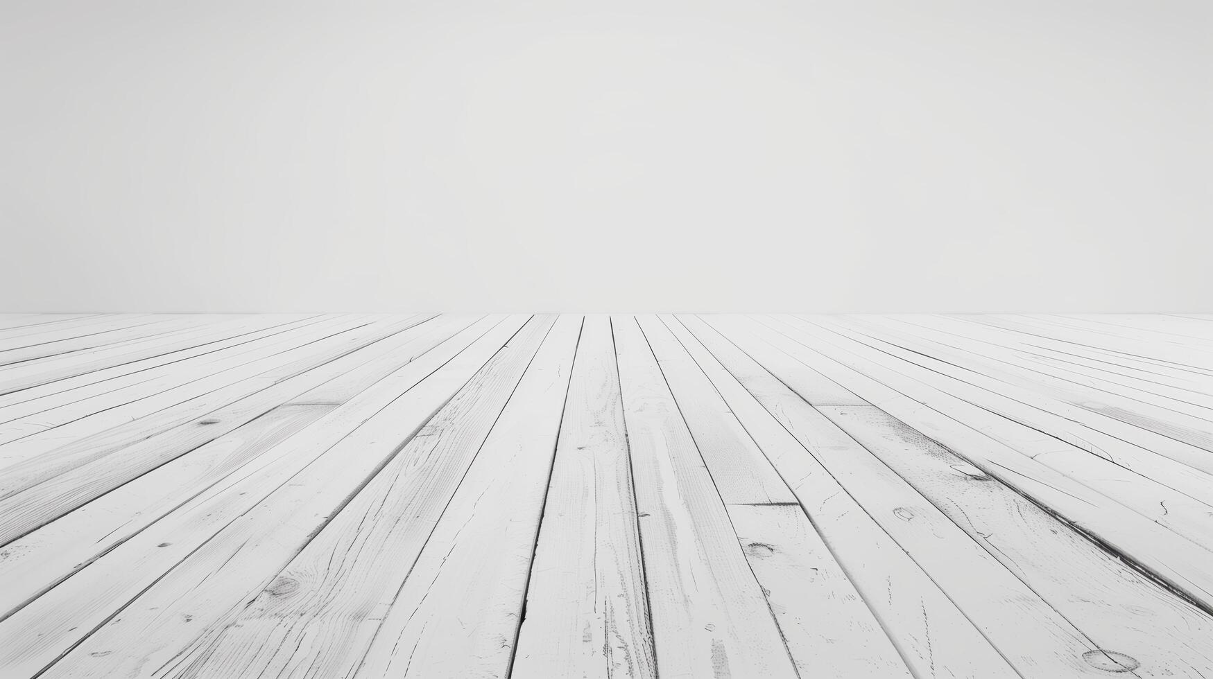 Elegant white wooden floor creates stunning perspective as it stretches from the wall. Minimalist design enhanced by the light and texture of aged planks. Perfect setting for artistic projects photo