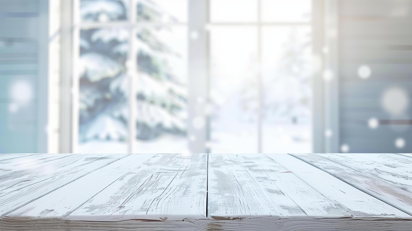 White wooden table top with blurred winter window background, perfect for showcasing products photo
