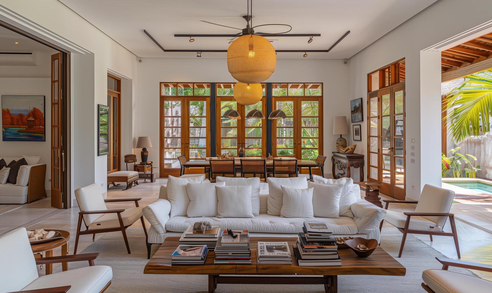 Elegant open concept living room with a white couch and a picturesque pool view from the french doors photo