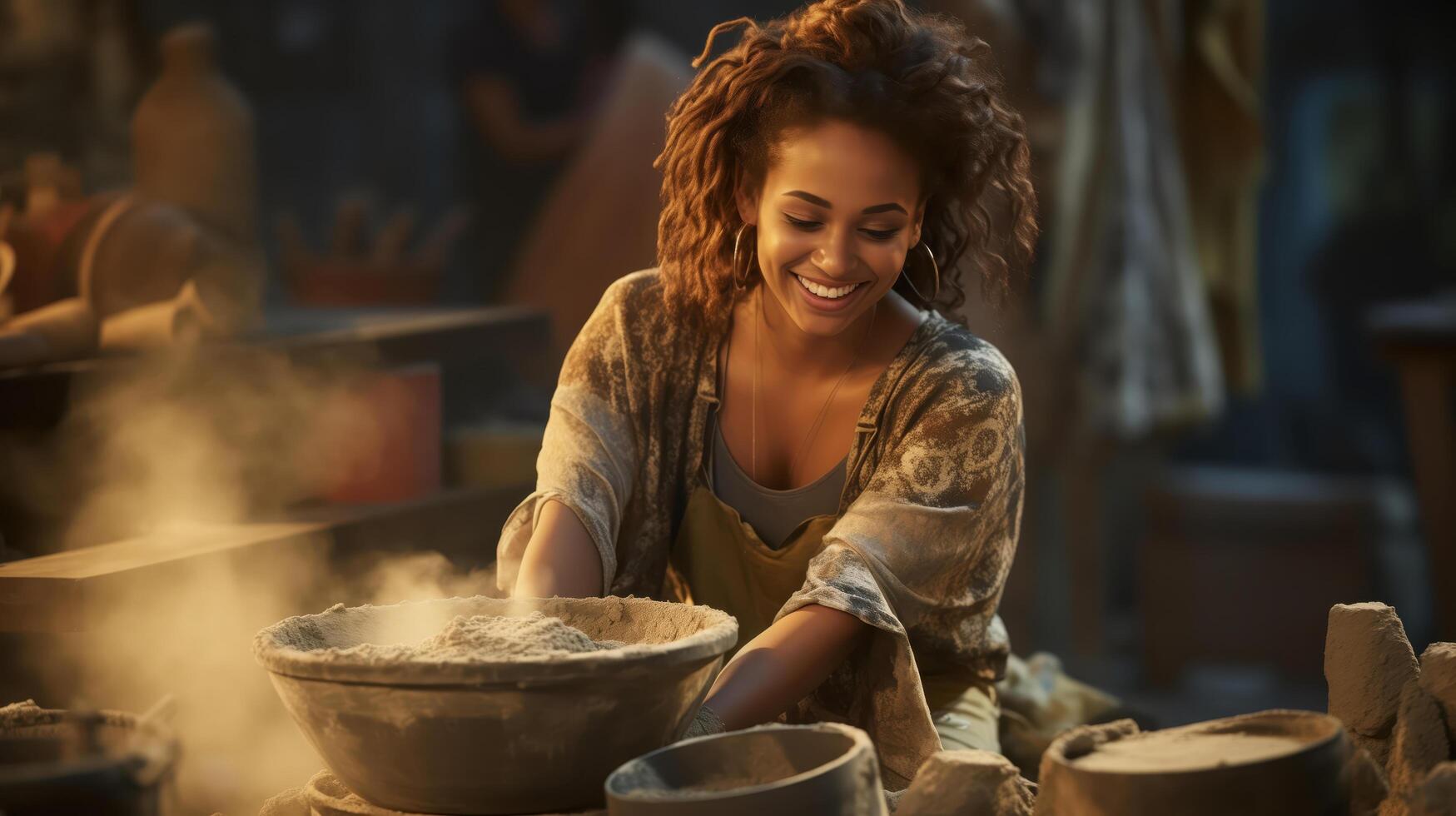 Happy young latin potter joyfully blending sand in her charming studio, presenting her art with a smile photo